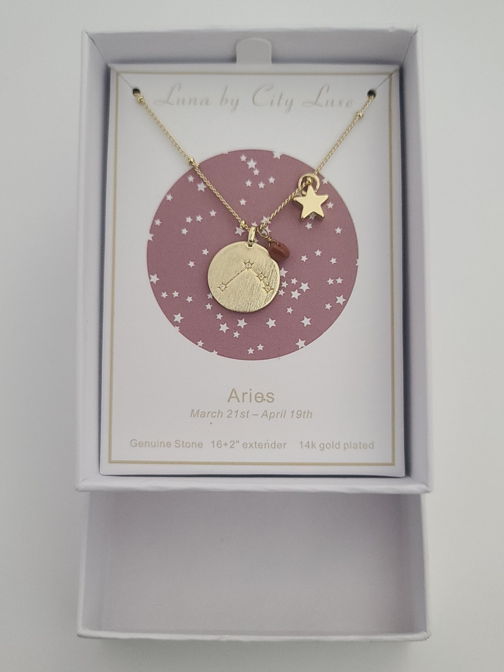 Gold Plated Aries Constellation Pendant Necklace with Star and Birthstone